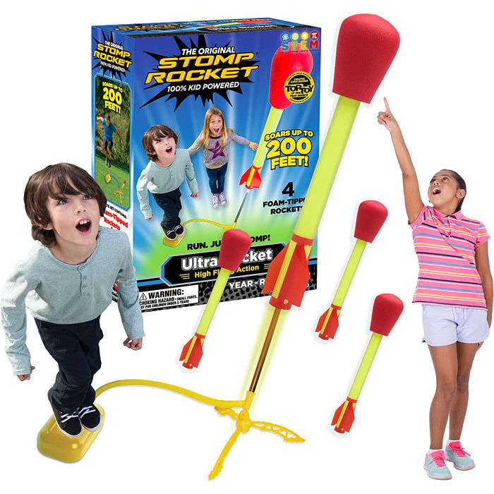 Stomp rocket toy with packaging and children playing with it