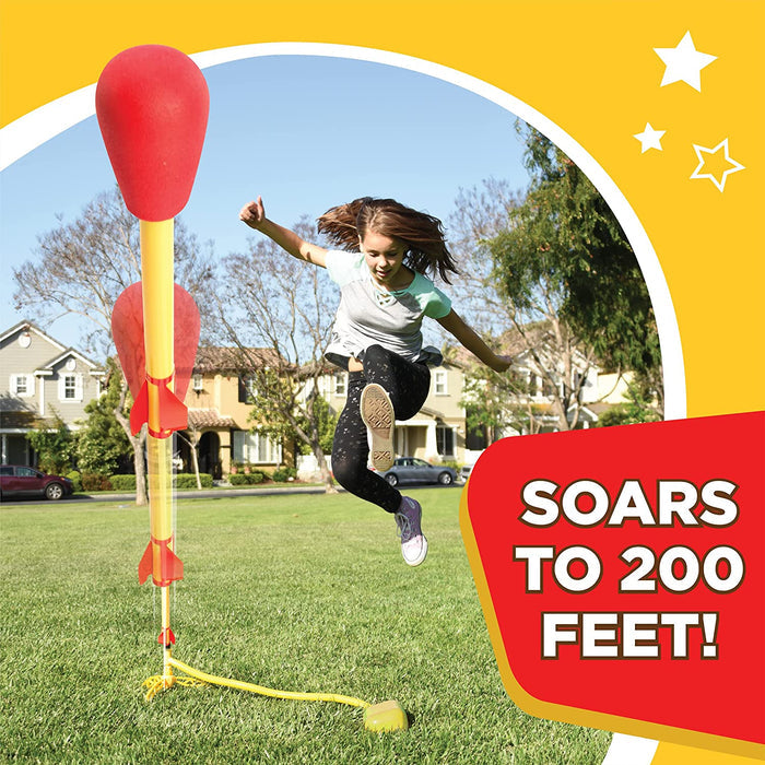Young girl playing with stomp rockets outside with text 'soars to 200 feet!'