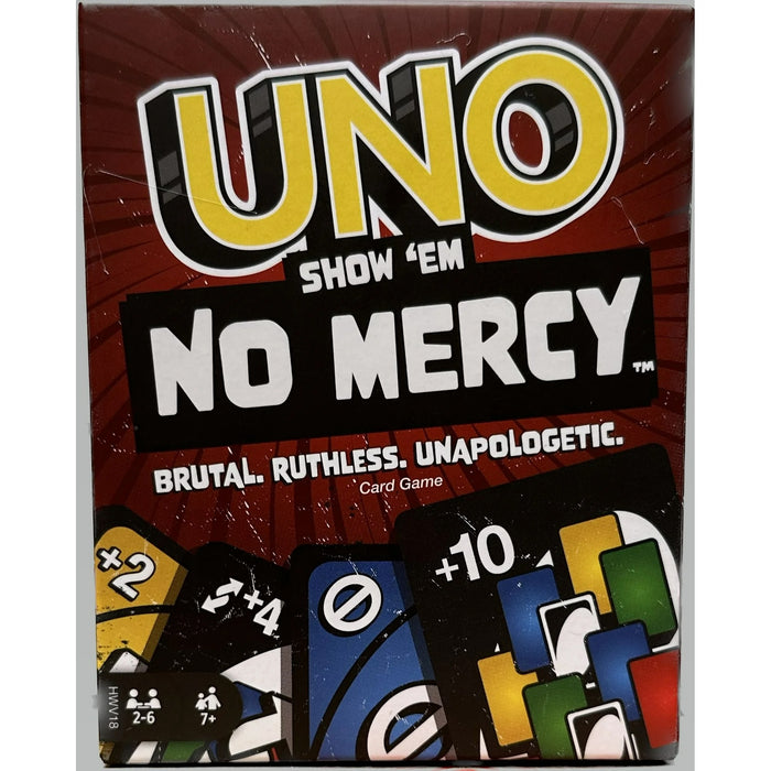 UNO Show 'Em No Mercy card game box with colorful card illustrations on a red background