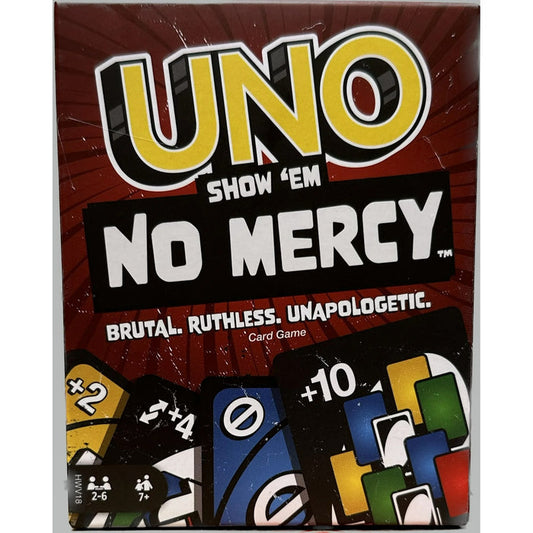 UNO Show 'Em No Mercy card game box with colorful card illustrations on a red background