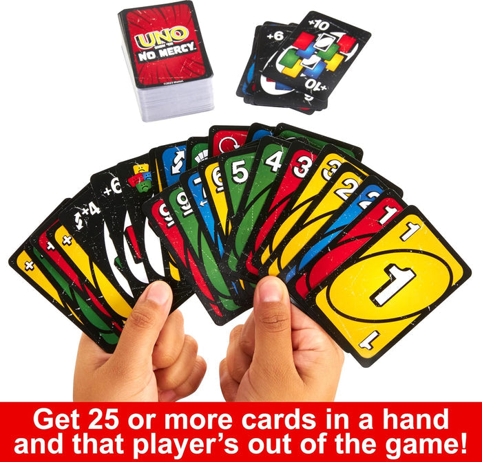 UNO Show 'em No Mercy is our most brutal UNO game yet! It has a ton more cards with WAY tougher penalties (draw 10 cards anyone?) and new rules that will have players stacking, swapping and drawing more cards than ever before! And there's even a Mercy Rule (yes, we get the irony) if things get too rough. There are two ways to win in this merciless version of the classic game: get rid of all cards OR knock all other players out of the game!