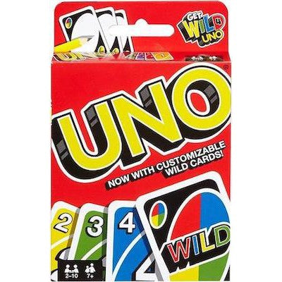 UNO card game packaging with colorful cards on a white background