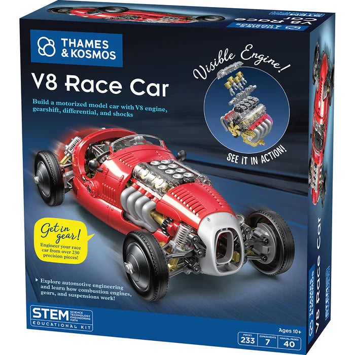 Boxed V8 Race Car model kit by Thames & Kosmos with visible engine details.