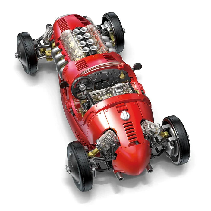 Red car model with visible engine and mechanical components on a white background