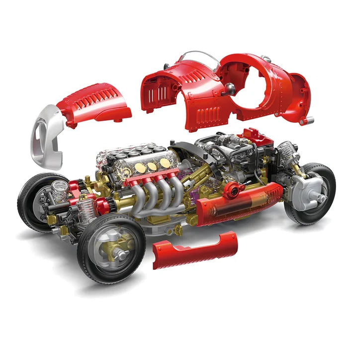 Toy car model with open hood and engine on a white background