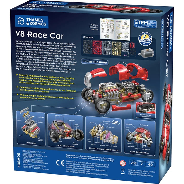 Thames & Kosmos V8 Race Car educational kit packaging with detailed specifications and features.
