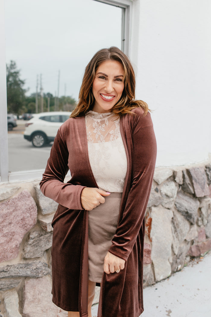 Velvet Crush Duster In Brown - Reg & Curvy