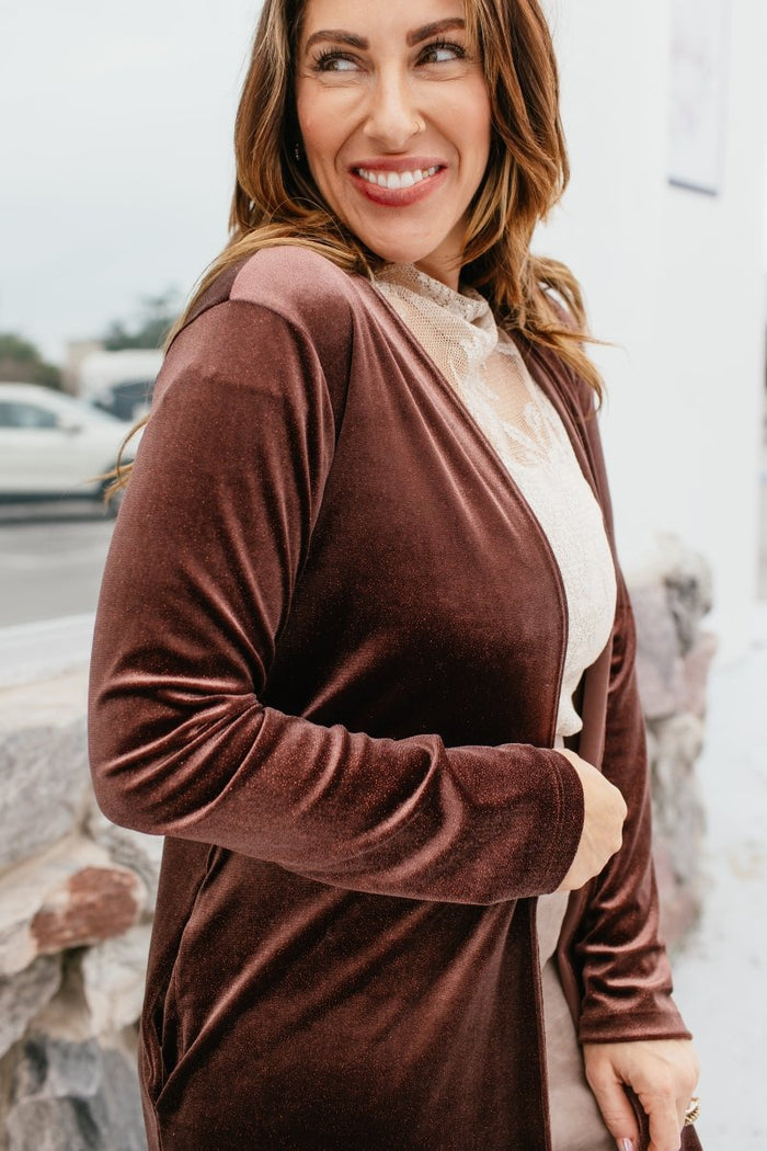 Velvet Crush Duster In Brown - Reg & Curvy - Macoma Boutique220 Cardigans/Kimonos