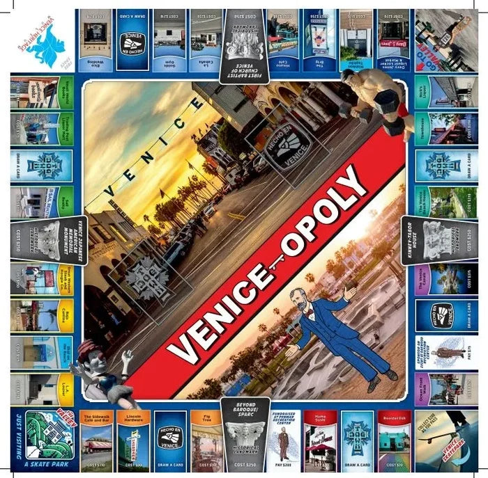 Board game box for 'Venice-opoly' with colorful cards and images of Venice.