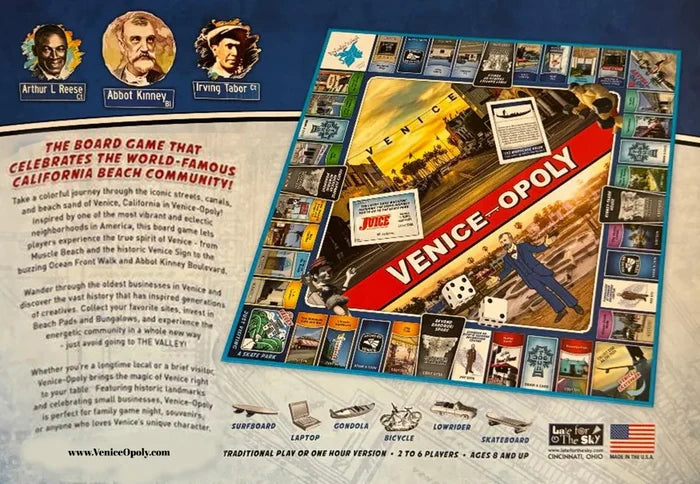 Venice Opoly board game with promotional text and images on a blue background