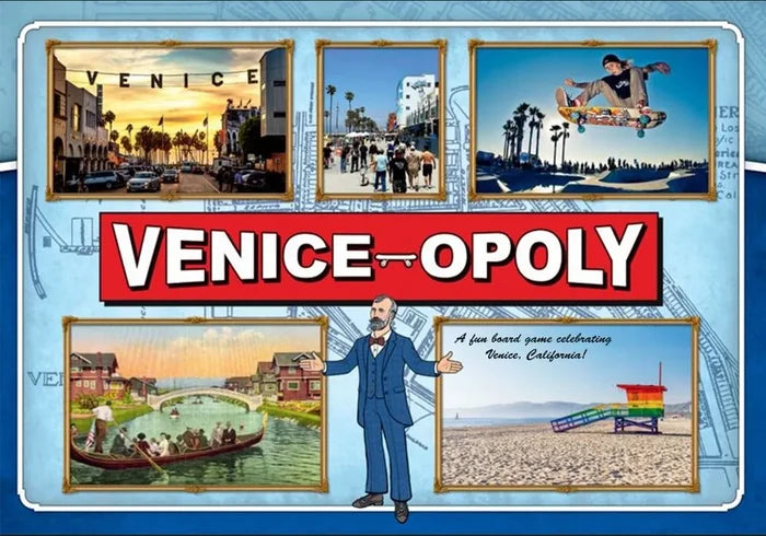 Venice-opoly board game packaging with images of Venice, California.