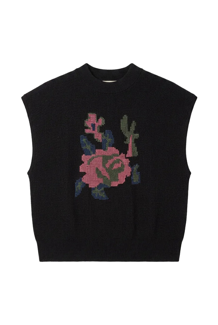 vest knit cross stitch flower - black