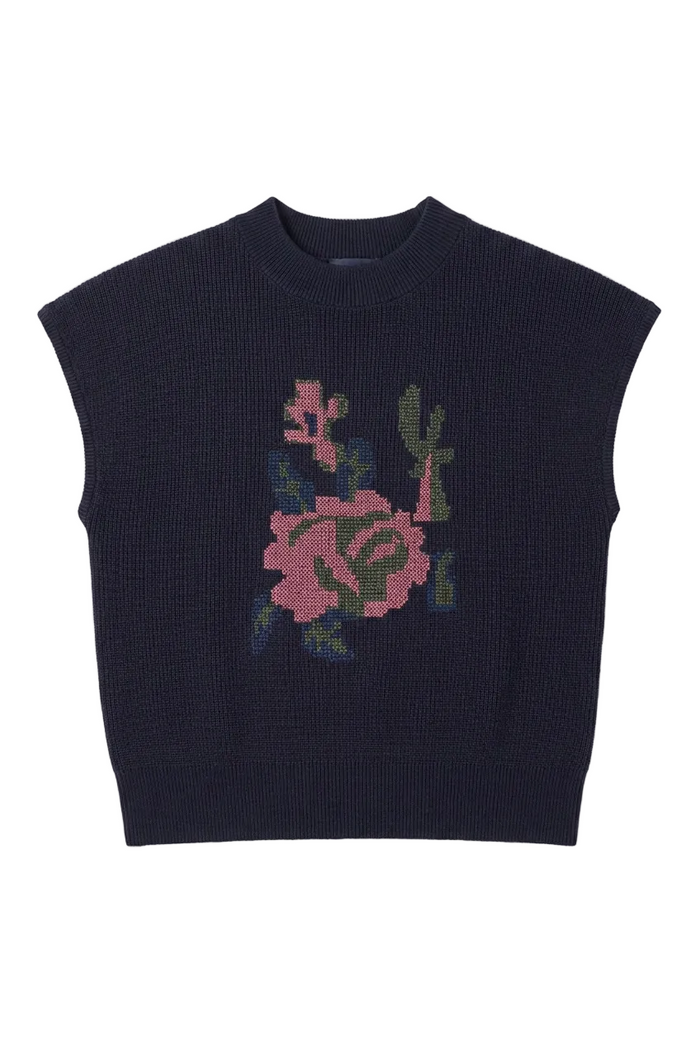 vest knit cross stitch flower - navy