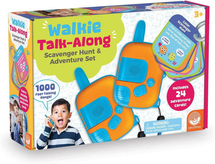 Walkie Talk-Along Scavenger Hunt & Adventure Set packaging with two walkie-talkies and cards on a white background.