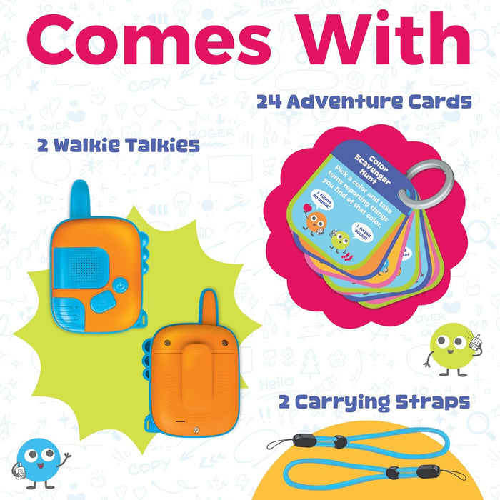 Product packaging with walkie talkies, cards, and straps on a colorful background