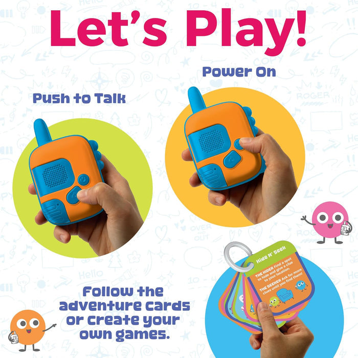 Children's walkie-talkies with colorful design and text on a white background