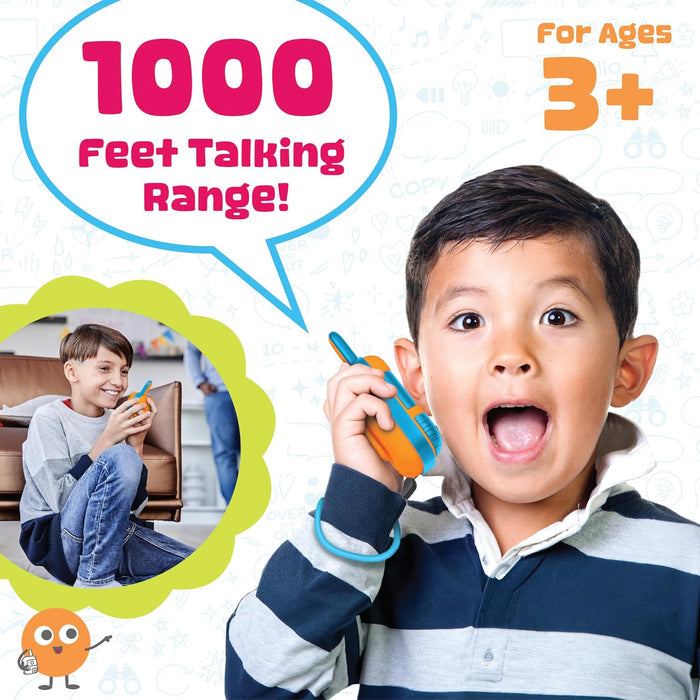 Child holding a toy walkie-talkie with text about range and age suitability on a white background.