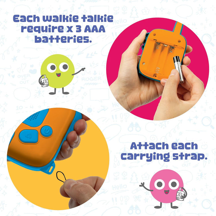 Walkie talkies with batteries and carrying straps on a white background
