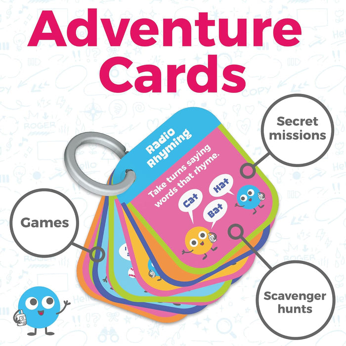 Colorful 'Adventure Cards' with a keyring on a white background