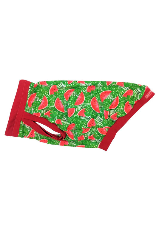 Watermelon Crush poly-spandex dog pajamas with red trim, flat side view