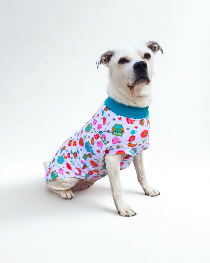 Whimsical Owls & Birds cotton-spandex dog pajamas on white dog, sitting