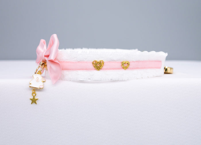 White, Pink Velvet and Gold Bunny Pet Play Collar