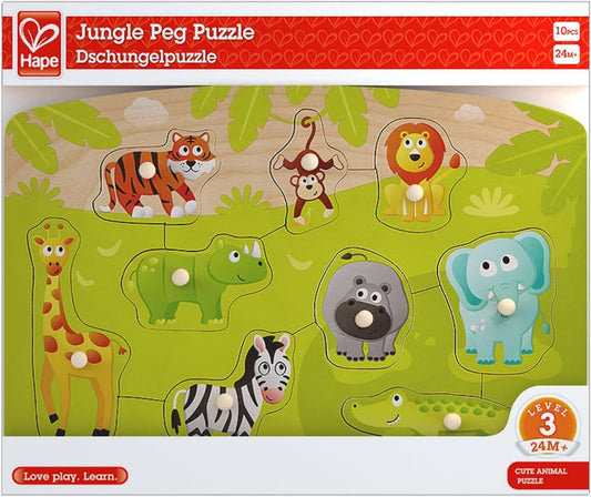 Jungle peg puzzle packaging with animal illustrations on a green background