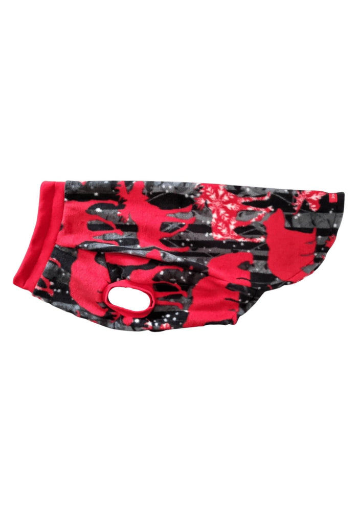 Side view of Jax & Molly's Winter Animals Holiday Dog Sweater, crafted from fleece with a display of bears and moose in red in a black and gray backround.