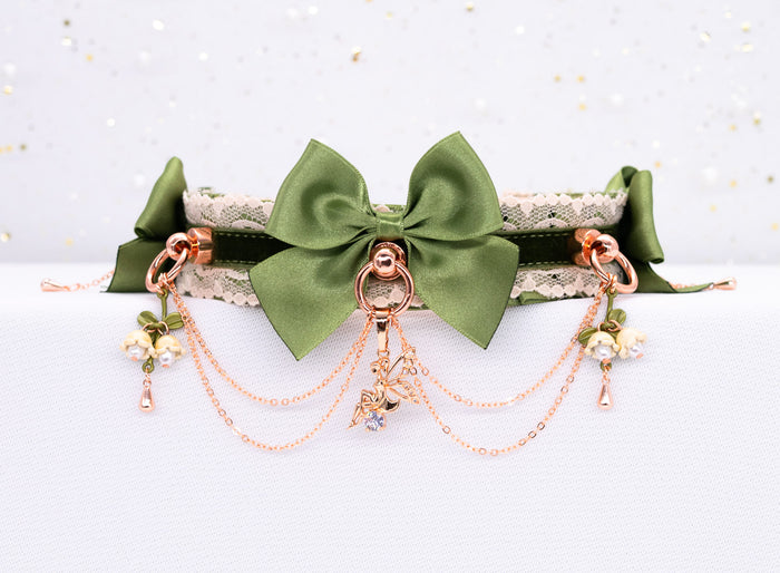 Woodland Fairy Sage Green Velvet and Rose Gold BDSM Collar