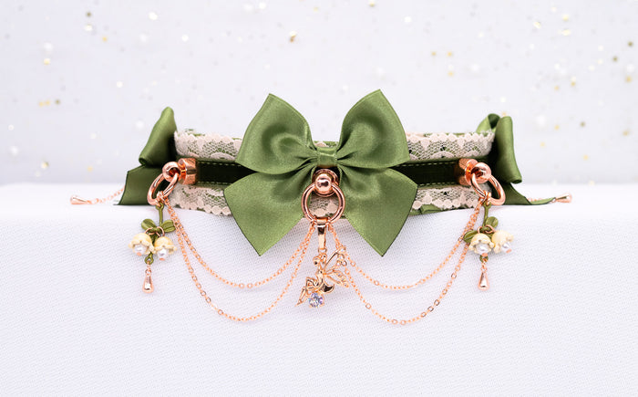 Woodland Fairy Sage Green Velvet and Rose Gold BDSM Collar