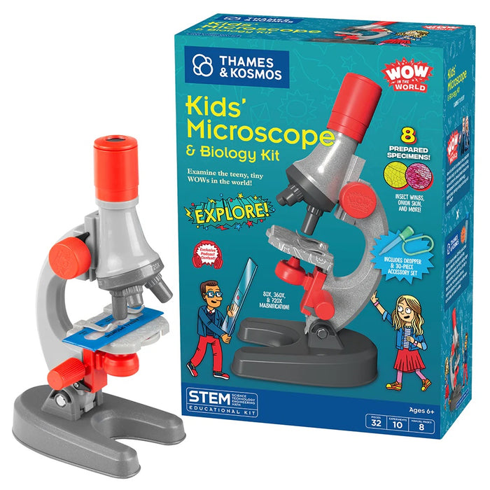 Children's microscope and biology kit with packaging featuring Thames & Kosmos branding.