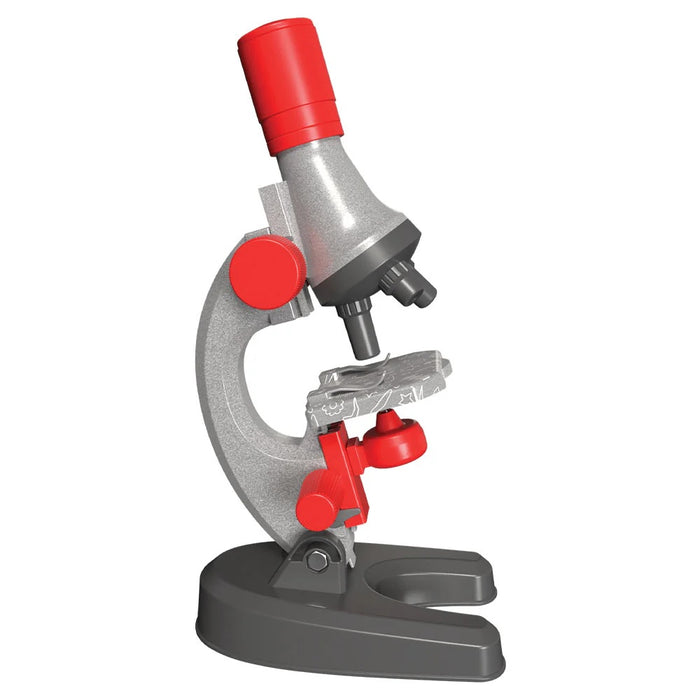 Microscope with red and gray design on a white background