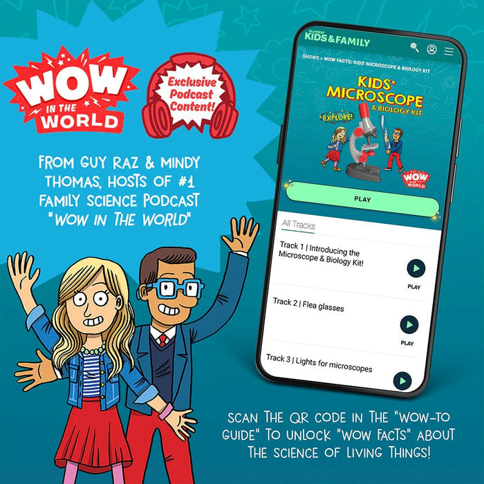 Promotional graphic for 'Wow in the World' podcast with cartoon characters and smartphone displaying app interface.
