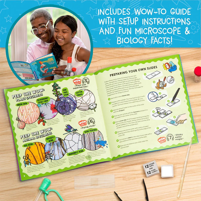 Educational kit with a guidebook, microscope, and educational materials on a wooden surface.