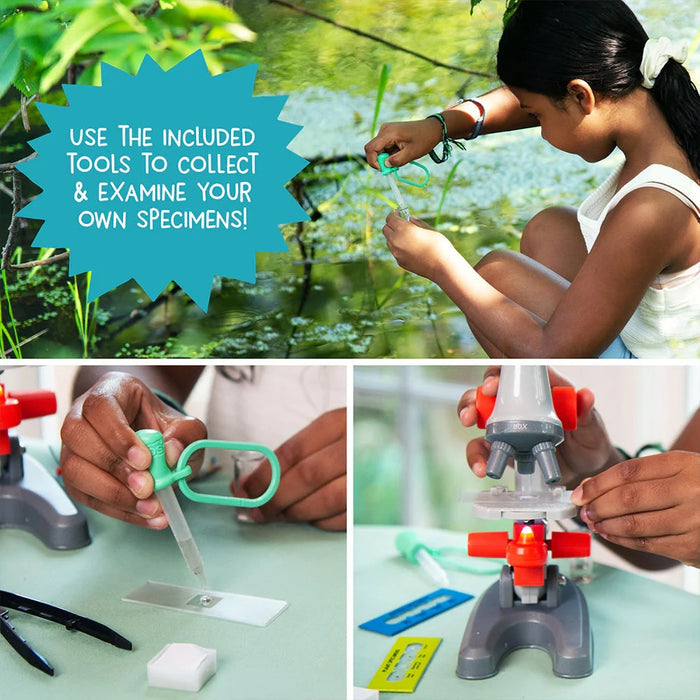 Collage of a person using scientific tools outdoors and at a table.