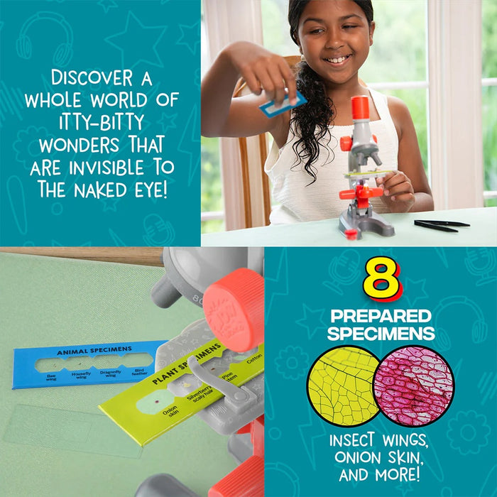 Child using a microscope with educational text about invisible worlds and prepared specimens.
