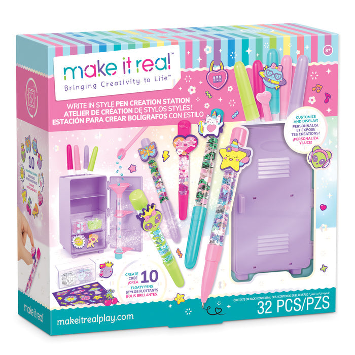 Make It Real 'Writing in Style Pen Creation Station' toy set in retail packaging, featuring a purple storage locker multiple colorful pens with glitter and cartoon designs, and accessories on a white background.