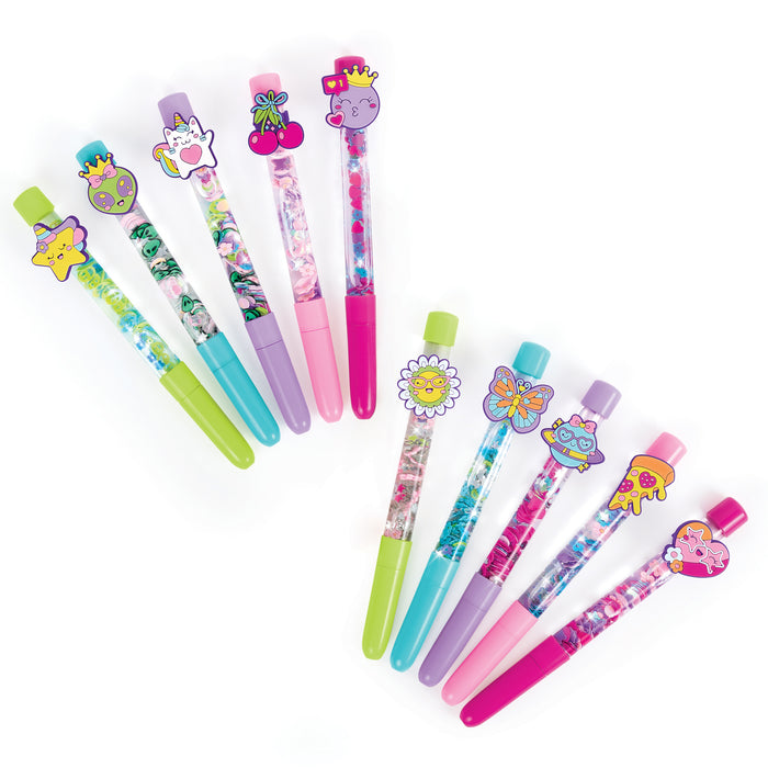 A set of colorful gel pens with cartoon character charms, arranged on a plain white background.