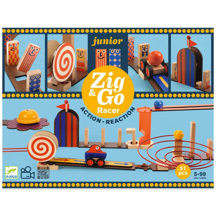 Zig & Go Racer Junior toy set packaging, featuring a colorful illustration of wooden building blocks and tracks on a light blue background with yellow accents.