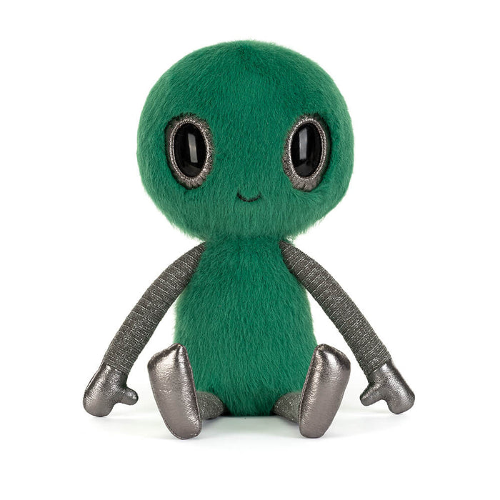 Green alien plush toy with black eyes on a white background